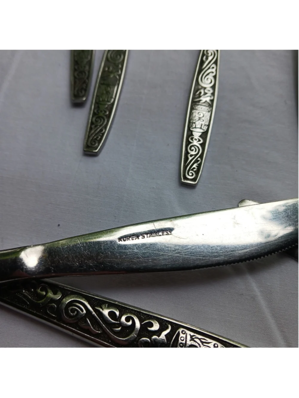 VTG MCM Stainless Steel Flatware Set Scroll Asian Good Luck Bell Chalice